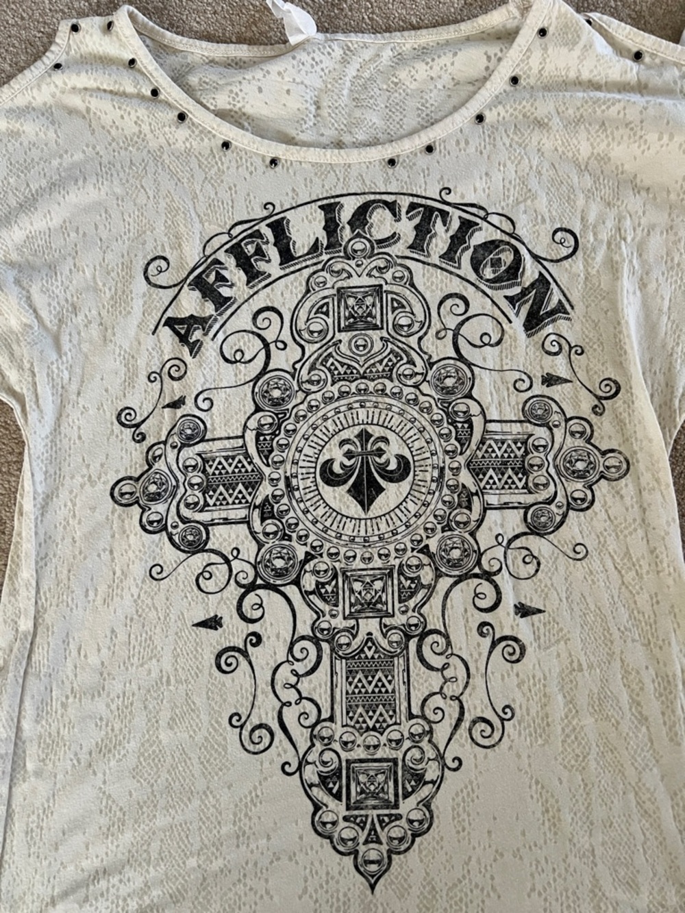 Affliction Women's Cross Graphic Stud Tee - White & Cream - Picture 2 of 6